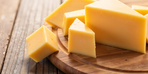 Yellow cheese wooden cutting board on wooden table blurred background