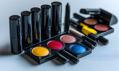 Assorted Colorful Makeup Products on White Background