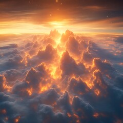 Fototapeta premium Aerial sunset view golden cloudscape above, starry sky