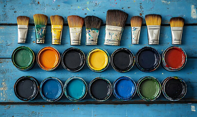 Assorted Paint Brushes and Colorful Paint Pots on Blue Wooden Surface