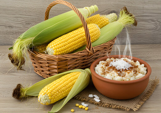 Fresh corn, Canjica, Corn Cural, Pamonha, June festival Brazilian food.