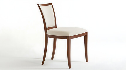 A wooden chair with a white cushion sits on a white background