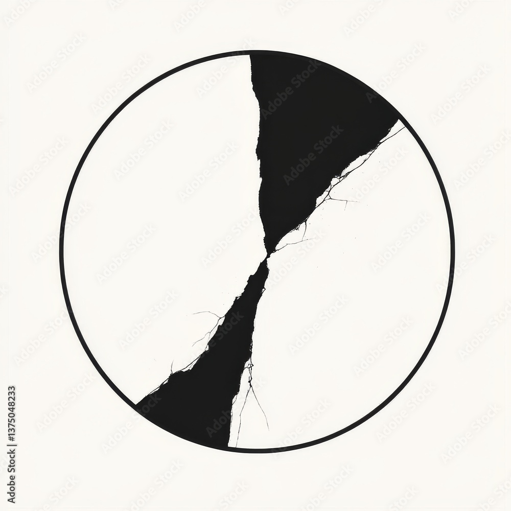 Poster abstract black and white circle composition with jagged split and delicate cracks on neutral backgro