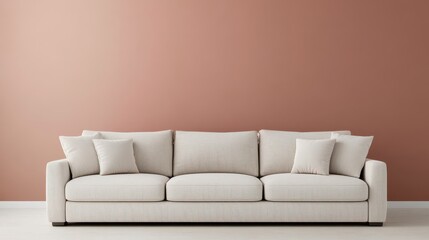 Minimalist interior design neutral tones  space planning. Modern, stylish sofa with neutral upholstery against a warm-toned wall.