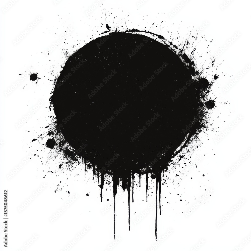 Poster Abstract Black Circular Stain with Splatters and Dripping Paint on White Background
