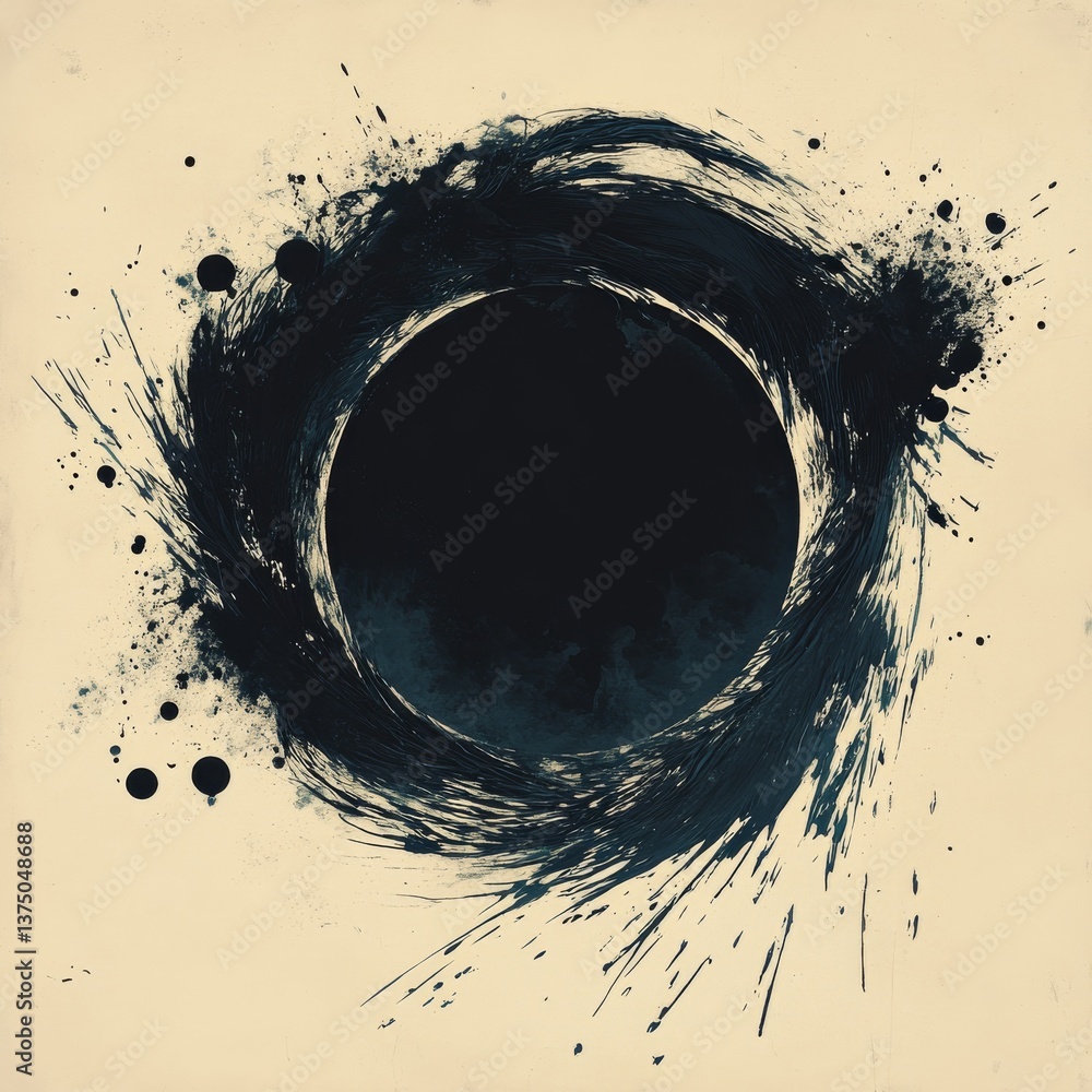 Poster abstract black hole portal: dark matter ink splatter art with vortex energy on textured background