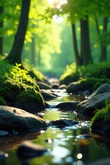 Fototapeta premium Serene forest stream flows gently over moss-covered rocks, bathed in sunlight filtering through lush green canopy
