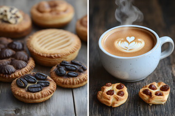 Assortment of Mini Pastries and a Steaming Cup of Latte Art Coffee on Wooden Surface