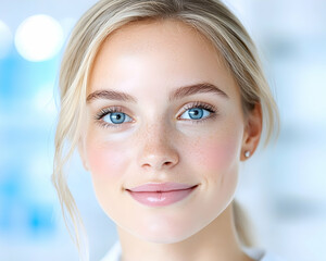 Close-up portrait of a smiling young woman with blonde hair and blue eyes . AI generative