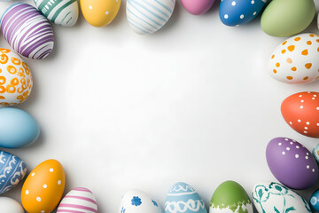 Colorful Easter eggs frame on white background . AI generative