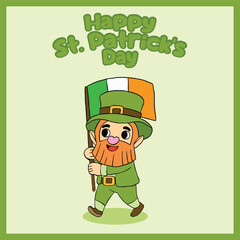 Cheerful cartoon leprechaun in green costume holding the Irish flag, perfect for St. Patrick’s Day celebration visuals and graphics