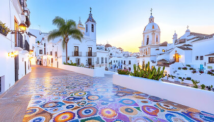 Obraz premium Colorful mosaic pathway leads to a picturesque whitewashed town at sunrise . AI generative