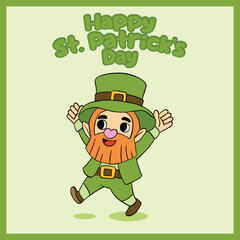 Excited cartoon leprechaun with arms raised, celebrating St. Patrick’s Day with joy in a festive green outfit and hat