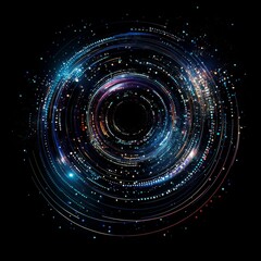 Cosmic Rings: An Abstract Depiction of Celestial Patterns, Featuring Luminous Orbs and Flowing Lines in a Black Void.