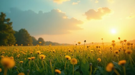 Obraz premium Golden hour illuminates a vibrant field of wildflowers, bathed in the warm glow of the setting sun, creating a breathtaking landscape of nature's beauty.