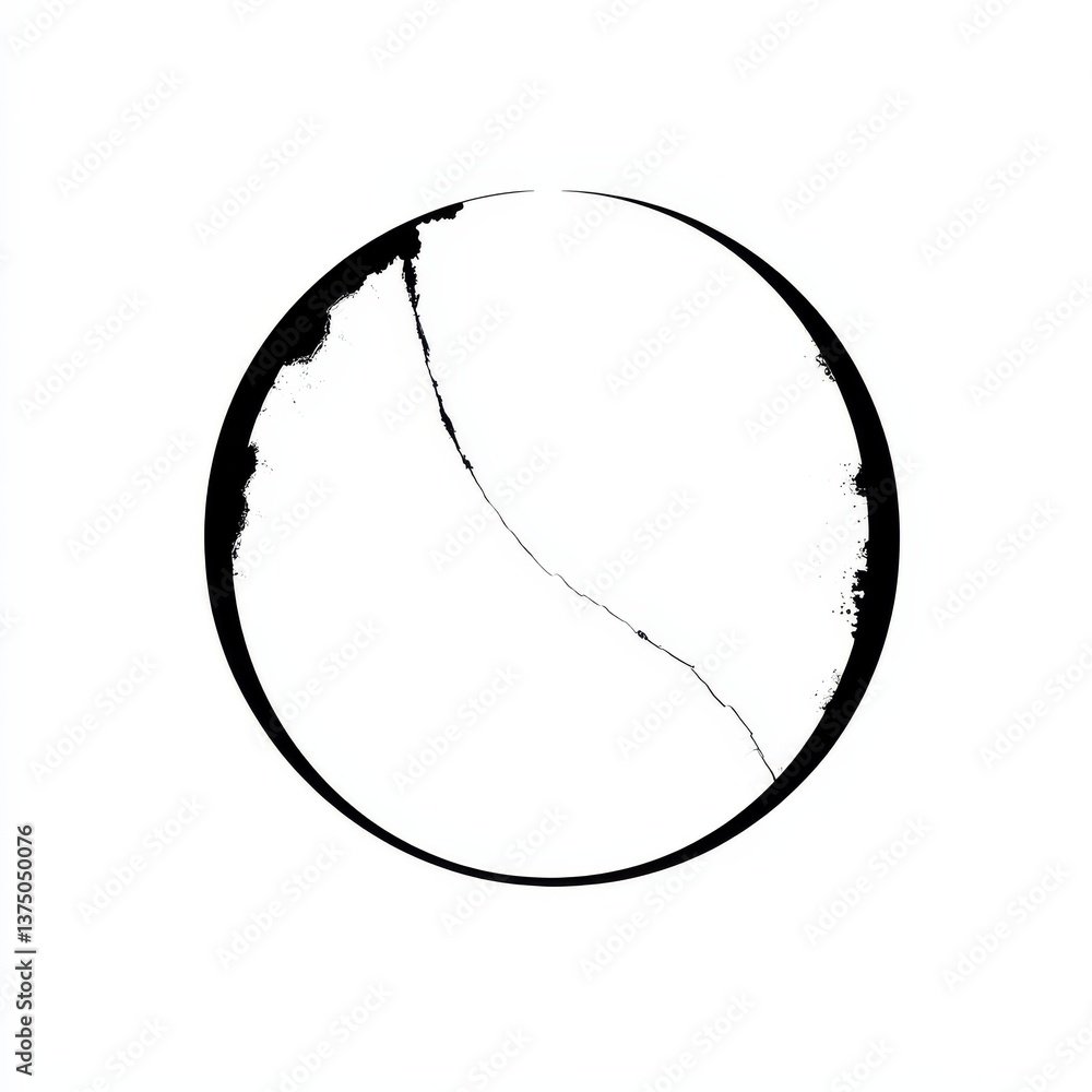 Aufkleber Distorted Eclipse: A Monochrome Abstraction of a Circle with a Jagged Crack, Set Against a Clean White Background