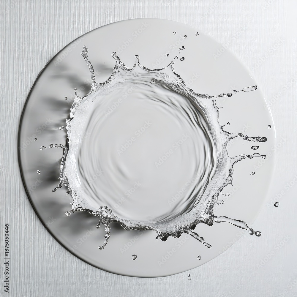 Poster elegant water splash on white plate: a stunning display of liquid motion in a minimalist setting