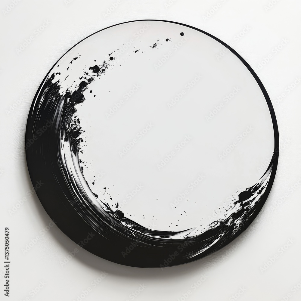 Poster enso circle: a minimalist abstract painting with black ink strokes on white background, creating a s