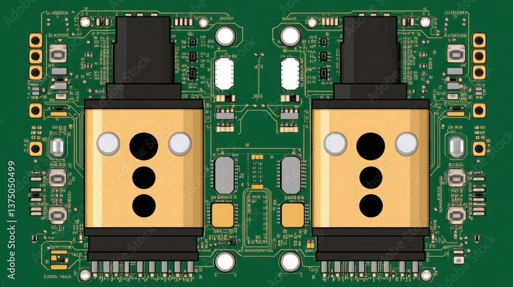 Poster detailed electronic circuit board design with green background and complex components featuring capa