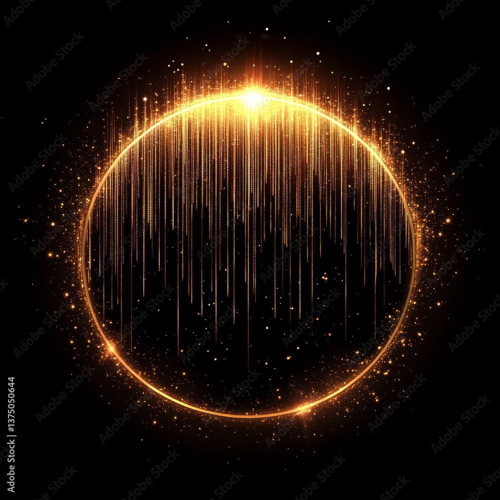 Poster golden cosmic circle with falling light streaks and sparkles on black background