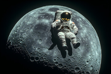 Astronaut Floating Near a Pixelated Moon in Space