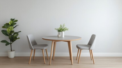 Minimalist interior design neutral tones  space planning. Modern dining area with a round table, two chairs, and a potted plant against a light background.