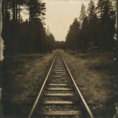 Fototapeta premium Nostalgic Journey: Railroad Tracks Vanishing Into Forest Sepia Tones and Vintage Charm