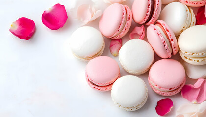 Obraz premium Delicate pink and white macarons with rose petals on marble background . AI generative