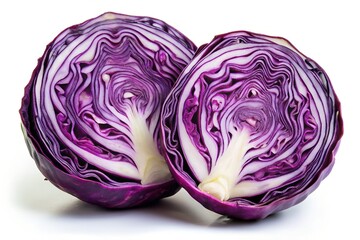 A purple cabbage sliced cleanly in half, concentric rings and gradient hues from outer leaves to core, white backdrop