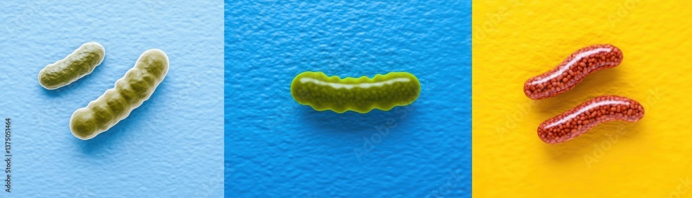 Poster close-up view of colorful microorganisms on vibrant backgrounds showcasing distinct shapes and textu