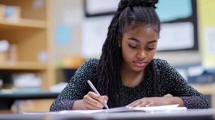 A student sitting at a desk, focused on writing an essay for an exam.