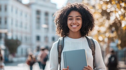 A university student walking across campus with a backpack and books in hand.