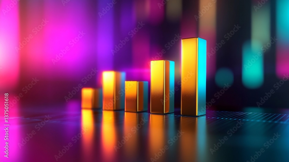Poster glowing 3d bar graph displaying financial growth with colorful lights