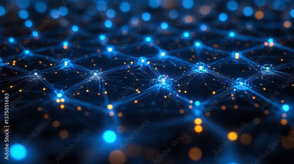 Poster close-up on blue blockchain nodes powering social network. viral content profiles converge with dece