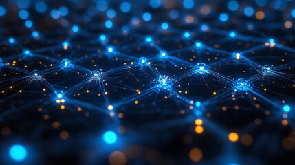 Close-up on blue blockchain nodes powering social network. Viral content profiles converge with decentralized peer interaction expansion landscape. Solution based platform infused tech effect