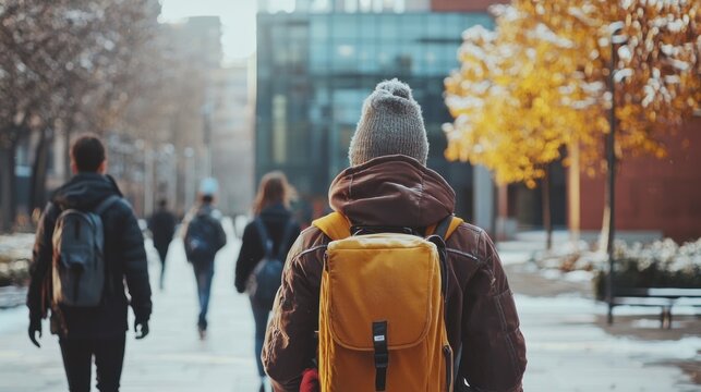 A university campus in winter, with students bundled up in jackets walking to class.