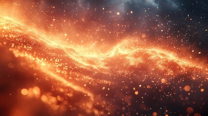 Obraz premium Abstract Orange Cosmic Dust Wave: A mesmerizing digital artwork depicting a wave of glowing orange cosmic dust particles against a dark background.