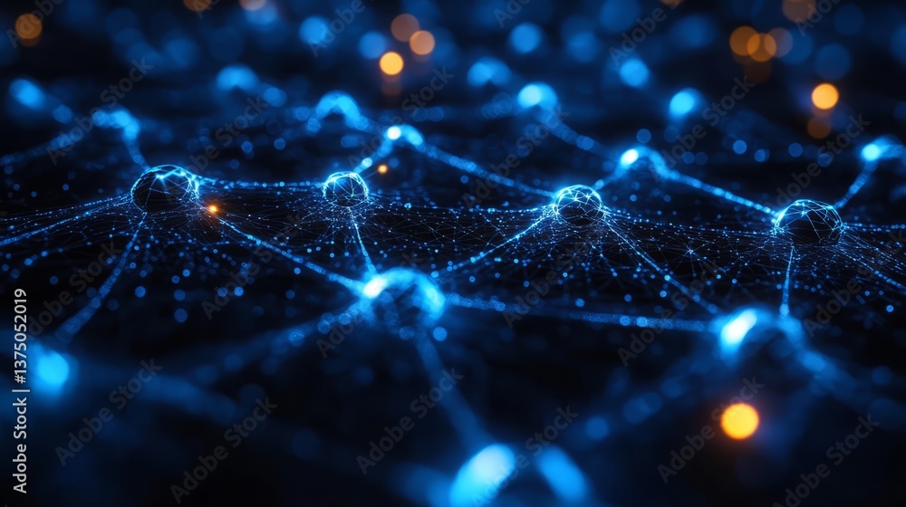 Poster close-up on blue blockchain nodes powering social network. viral content profiles converge with dece