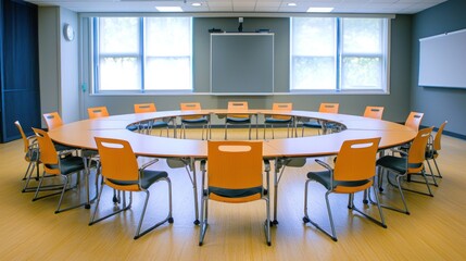 A classroom with desks arranged in a circle for a group discussion or debate.