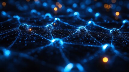 Close-up on blue blockchain nodes powering social network. Viral content profiles converge with decentralized peer interaction expansion landscape. Solution based platform infused tech effect