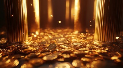 Golden Coins Floating Around Columns in 3D Conceptual Render