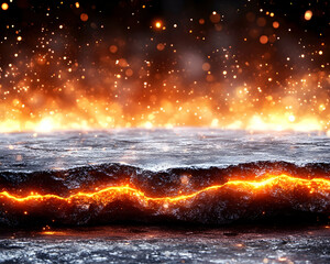 Fiery, dark background with glowing embers and textured surface . AI generative