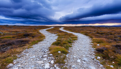 Forking paths through a rocky moorland under a dramatic stormy sunset . AI generative