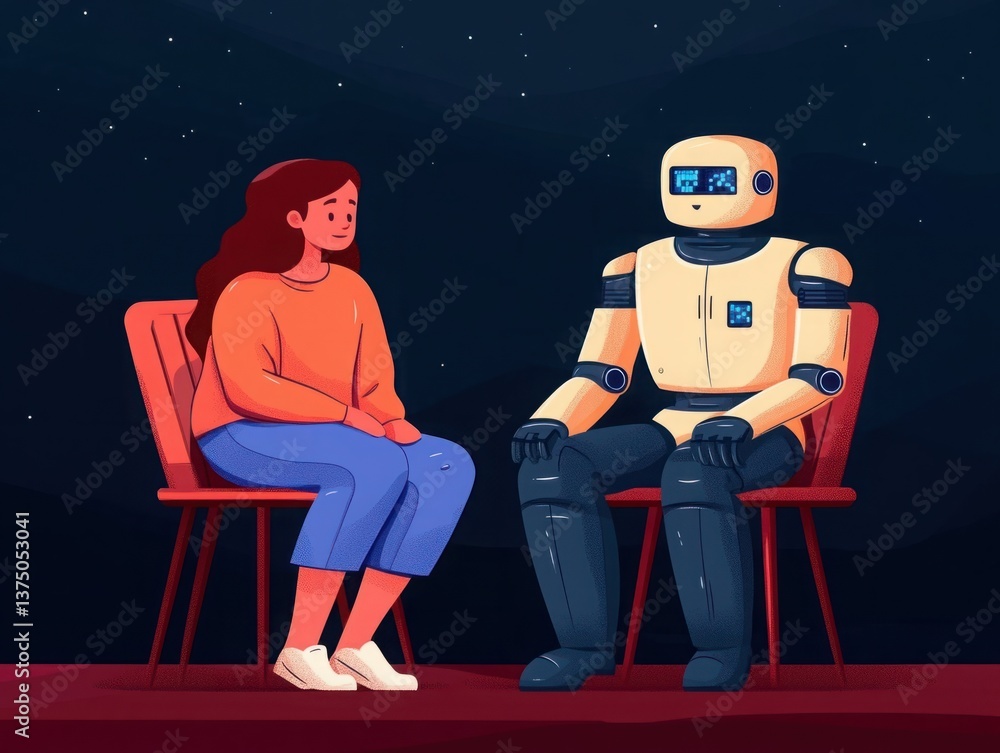 Poster Engaging Conversation between Human and Robot in Colorful Digital Art, Depicting a Social Interaction in a Futuristic Setting