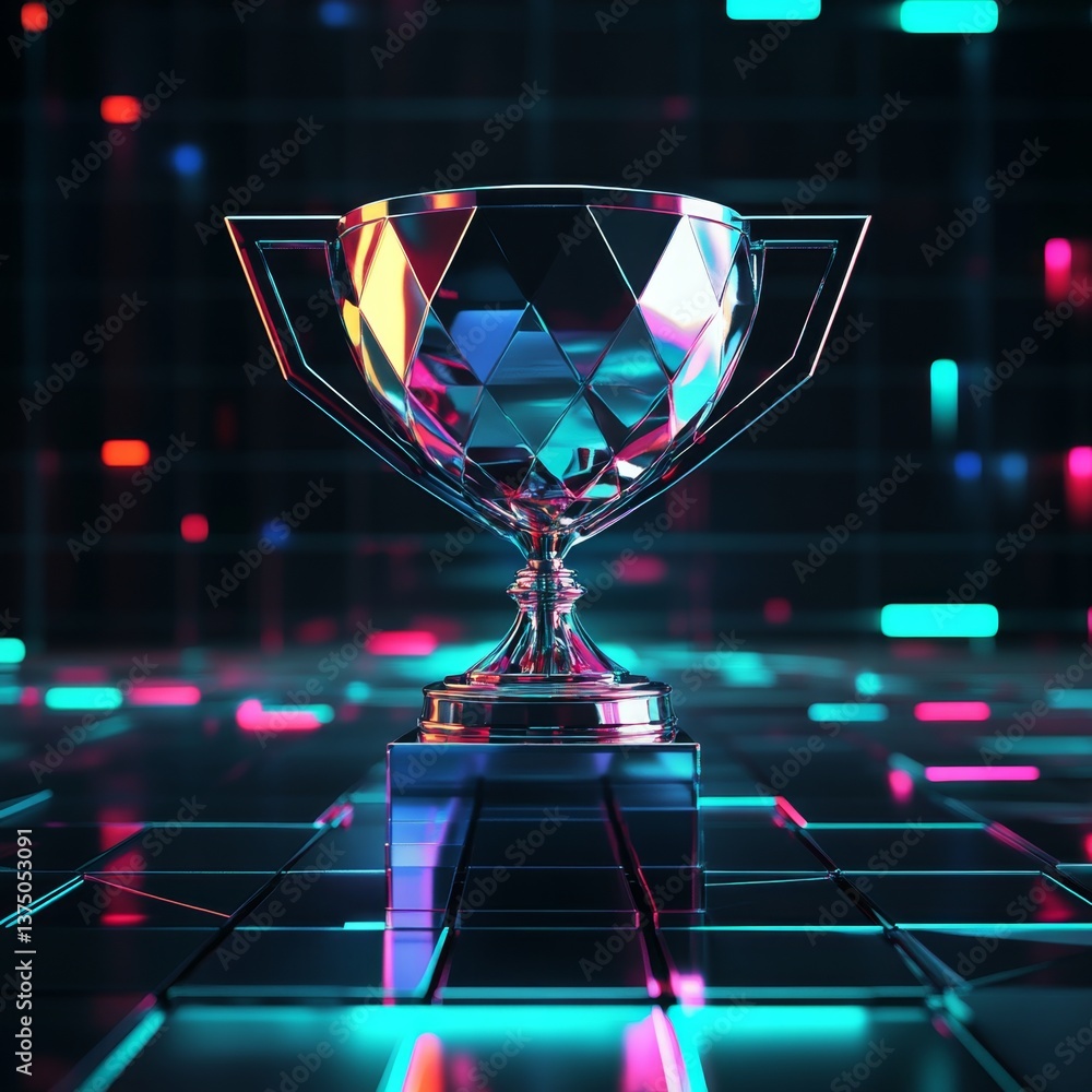 Aufkleber futuristic 3d trophy icon with geometric patterns in neon setting