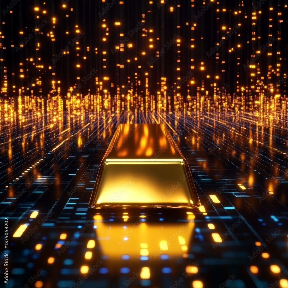 Poster futuristic 3d render of gold bar emerging from data stream