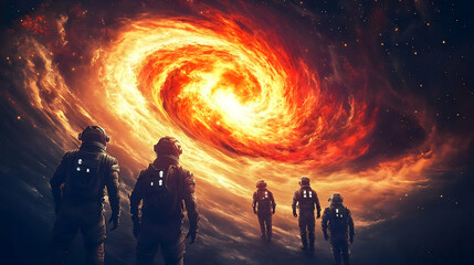 Astronauts Exploring a Fiery Spiral Galaxy