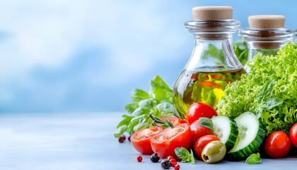 Fresh vegetables, herbs, and olive oil on a table . AI generative