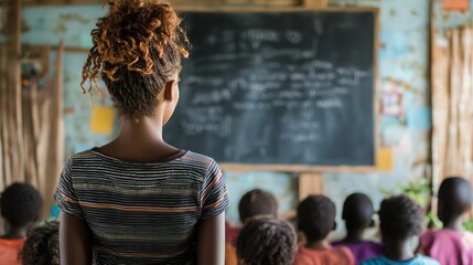A volunteer teaching children in an after-school program, with a chalkboard in the background.