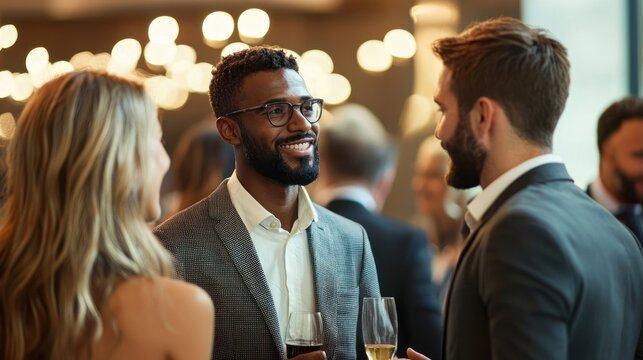 A diverse group of professionals networking and discussing in a modern conference room.